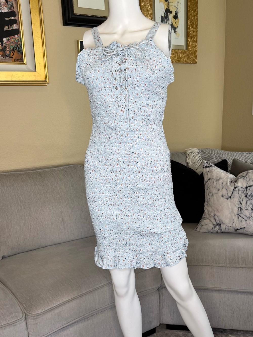 Japna Blue Floral Smocked Mini Dress Size M NWT